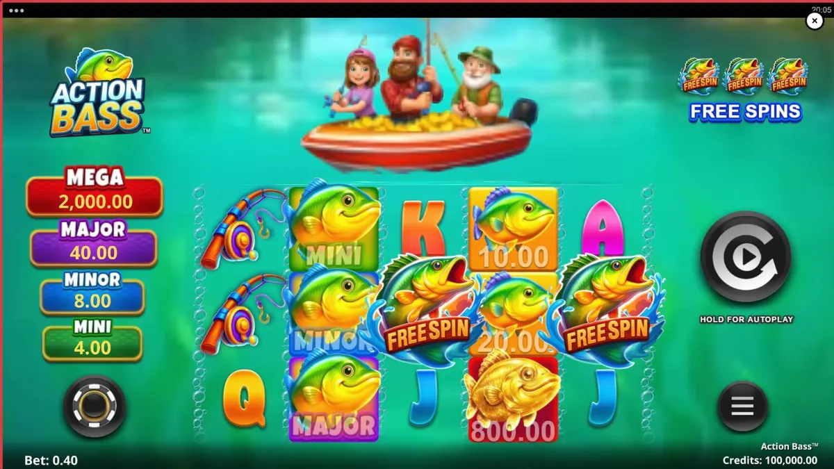 Tampilan visual slot Action Bass dengan tema memancing dan perahu penuh koin