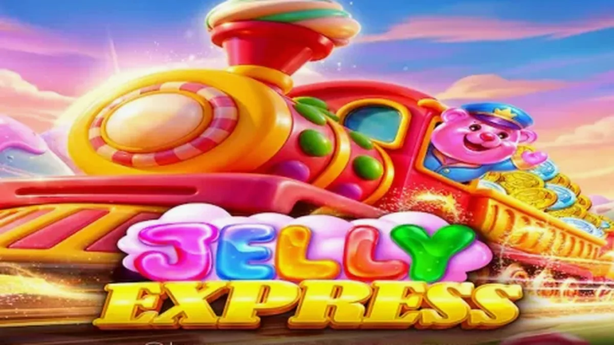Visual bertema permen dan kereta api dalam game slot Jelly Express